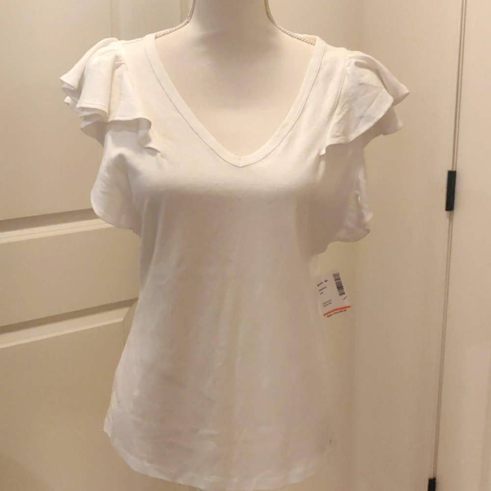 Gorgeous Tommy Hilfiger white ruffles, short sleeve, cotton sz M V-neck,T-shirt